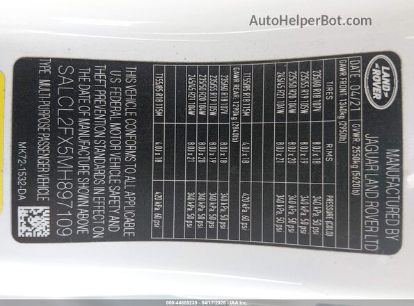 SALCL2FX5MH897109 2021 LAND ROVER DISCOVERY SPORT Белый Вид подкапотного пространства