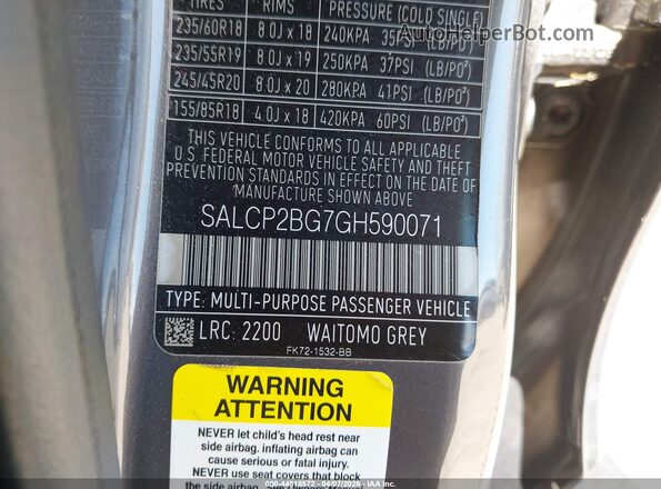 SALCP2BG7GH590071 2016 LAND ROVER DISCOVERY SPORT Gray Widok naklejki z numerem VIN