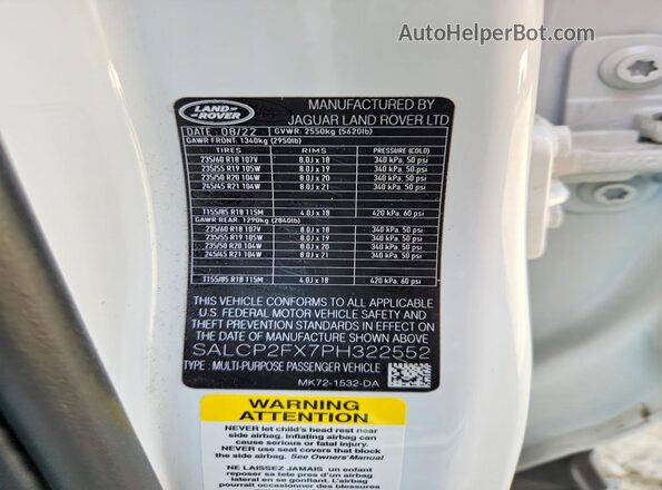SALCP2FX7PH322552 2023 LAND ROVER DISCOVERY Белый Вид наклейки с VIN-кодом