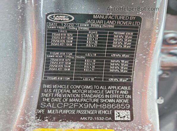SALCP2FX9MH886859 2021 LAND ROVER DISCOVERY Charcoal Vista de la etiqueta del VIN