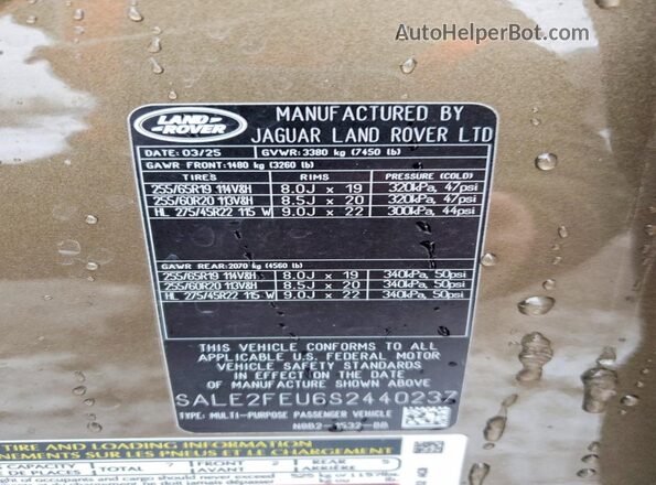 SALE2FEU6S2440237 2025 LAND ROVER DEFENDER Желто-коричневый Панорамный вид салона 360°