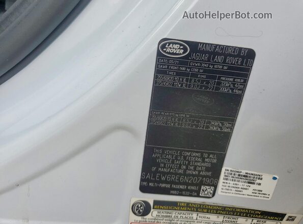 SALEW6RE6N2071908 2022 LAND ROVER DEFENDER Белый Вид наклейки с VIN-кодом