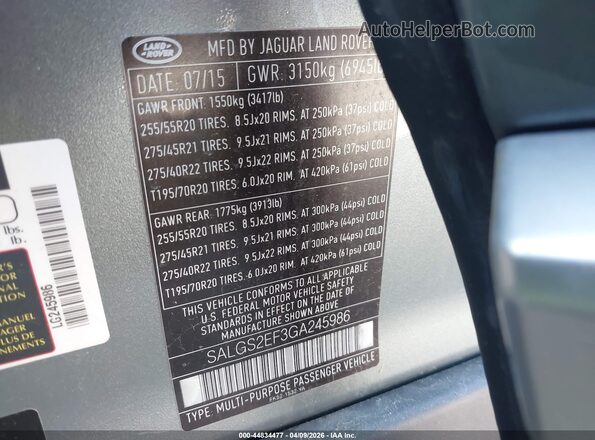 SALGS2EF3GA245986 2016 LAND ROVER RANGE ROVER Gray Engine compartment view