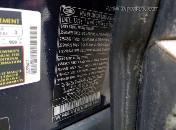 SALGS2FE2HA329417 2017 LAND ROVER RANGE Синий Вид наклейки с VIN-кодом
