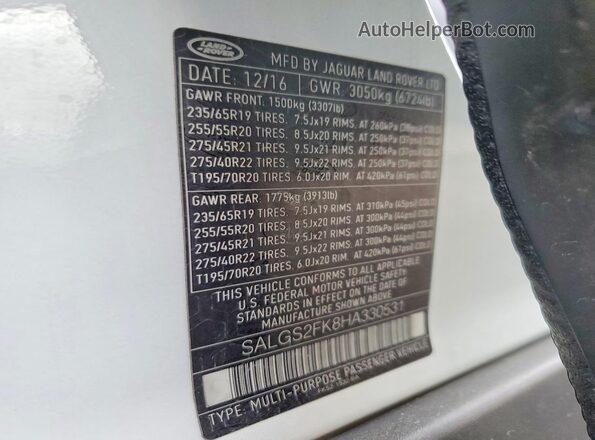 SALGS2FK8HA330531 2017 LAND ROVER RANGE White VIN კოდის სტიკერის ხედი
