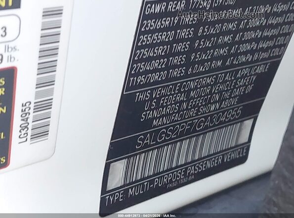 SALGS2PF7GA304955 2016 LAND ROVER RANGE ROVER White Widok komory silnika
