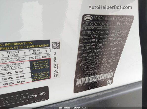 SALGS2RE5JA398801 2018 LAND ROVER RANGE ROVER Белый Вид подкапотного пространства