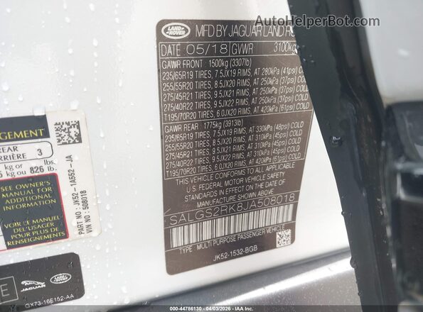 SALGS2RK8JA508018 2018 LAND ROVER RANGE ROVER White Вид підкапотного простору