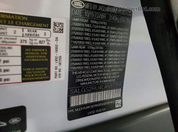 SALGS2RU4LA587255 2020 LAND ROVER RANGE White VIN sticker view