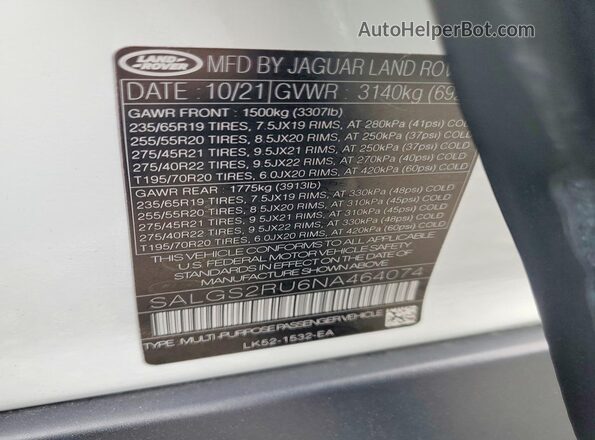 SALGS2RU6NA464074 2022 LAND ROVER RANGE Белый Вид наклейки с VIN-кодом