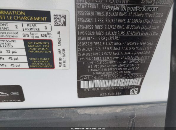 SALGS5RE3KA532756 2019 LAND ROVER RANGE ROVER White ძრავის განყოფილების ხედი