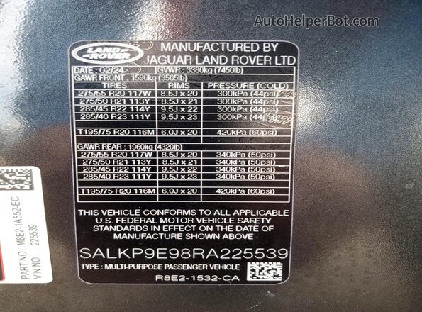 SALKP9E98RA225539 2024 LAND ROVER RANGE Серый Вид наклейки с VIN-кодом