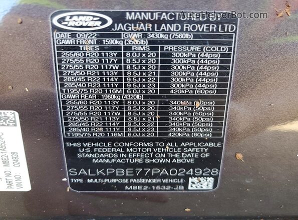 SALKPBE77PA024928 2023 LAND ROVER RANGE Темно-бордовый Вид наклейки с VIN-кодом