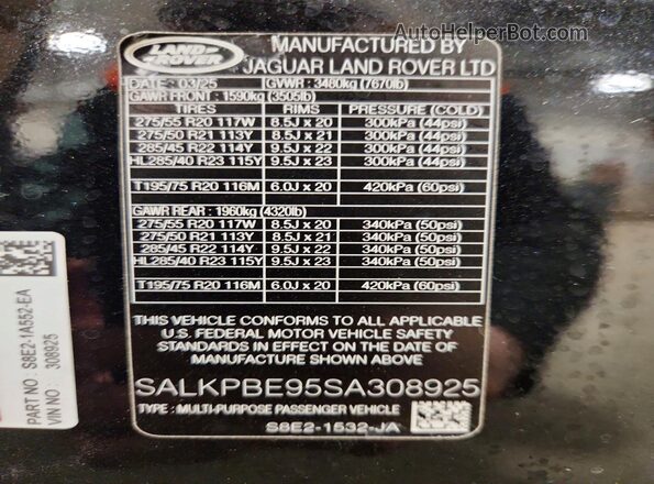 SALKPBE95SA308925 2025 LAND ROVER RANGE Black Widok naklejki z numerem VIN
