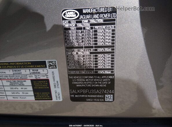 SALKPBFU3SA274244 2025 LAND ROVER RANGE ROVER Gray Widok komory silnika