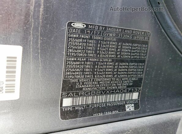 SALRGBBVXHA047137 2017 LAND ROVER DISCOVERY Серый Вид наклейки с VIN-кодом