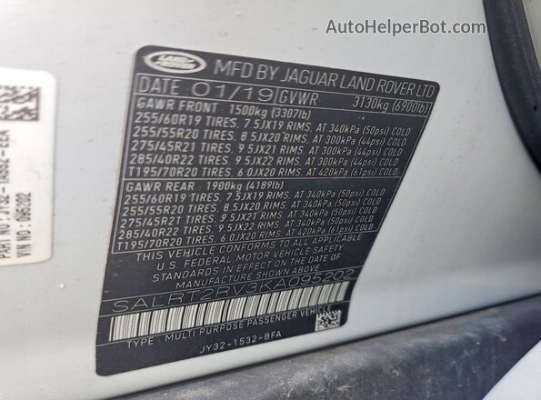 SALRT2RV3KA095202 2019 LAND ROVER DISCOVERY Белый Вид наклейки с VIN-кодом