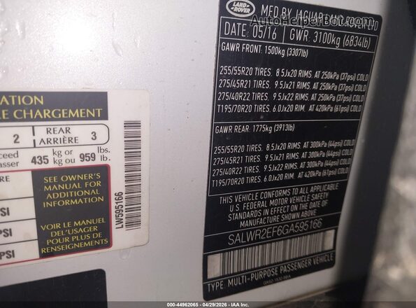 SALWR2EF6GA595166 2016 LAND ROVER RANGE ROVER SPORT White Вид підкапотного простору