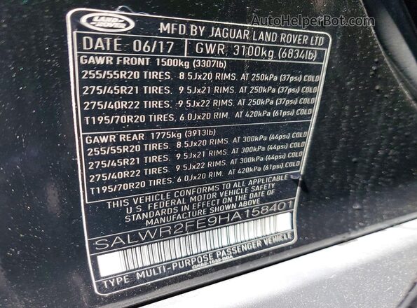 SALWR2FE9HA158401 2017 LAND ROVER RANGE Black VIN sticker view