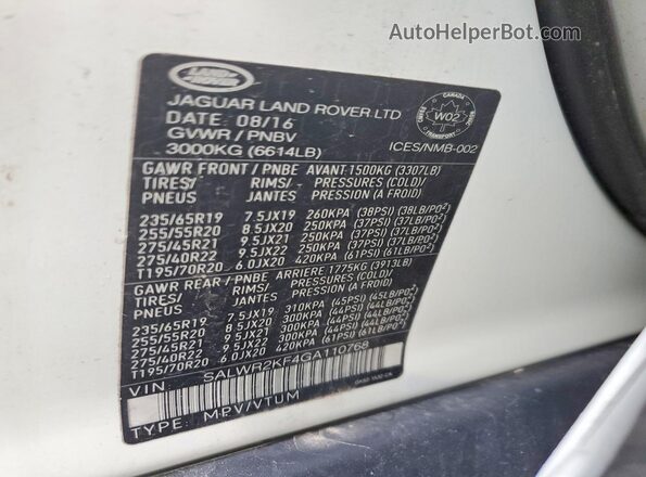 SALWR2KF4GA110768 2016 LAND ROVER RANGE ROVER Белый Вид наклейки с VIN-кодом