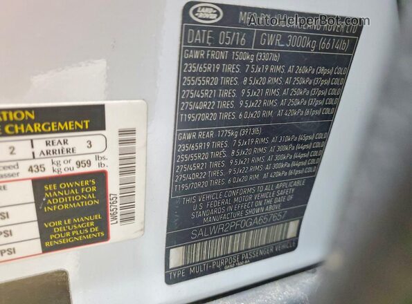 SALWR2PF0GA657657 2016 LAND ROVER RANGE White Widok naklejki z numerem VIN