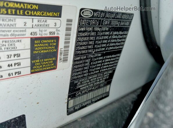 SALWR2PF4GA118071 2016 LAND ROVER RANGE Белый Вид наклейки с VIN-кодом