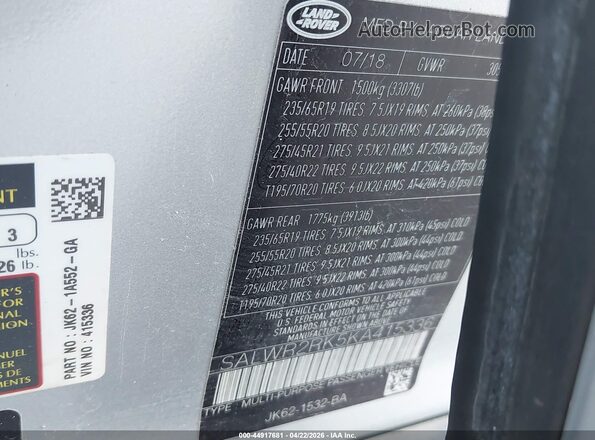 SALWR2RK5KA415336 2019 LAND ROVER RANGE ROVER SPORT Silver Widok komory silnika