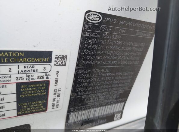 SALWR2RV3KA850771 2019 LAND ROVER RANGE ROVER SPORT White Widok komory silnika