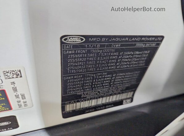SALWR2RV8KA833867 2019 LAND ROVER RANGE White Панорамний вид салону 360°