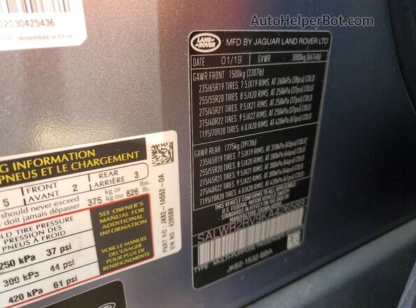 SALWR2RV9KA426589 2019 LAND ROVER RANGE Синий Вид наклейки с VIN-кодом