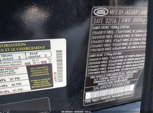 SALWR2VF3GA581239 2016 LAND ROVER RANGE ROVER SPORT Black Вид підкапотного простору