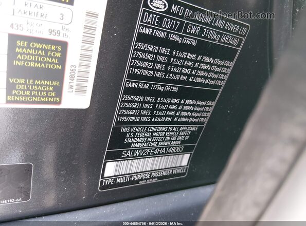 SALWV2FE4HA148063 2017 LAND ROVER RANGE ROVER SPORT Черный Вид подкапотного пространства