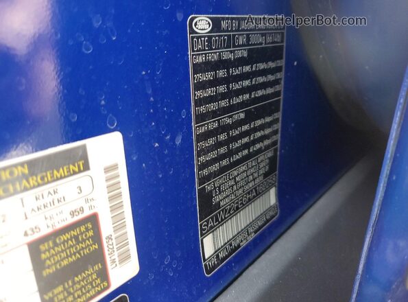 SALWZ2FE6HA162258 2017 LAND ROVER RANGE Blue Vista de la etiqueta del VIN