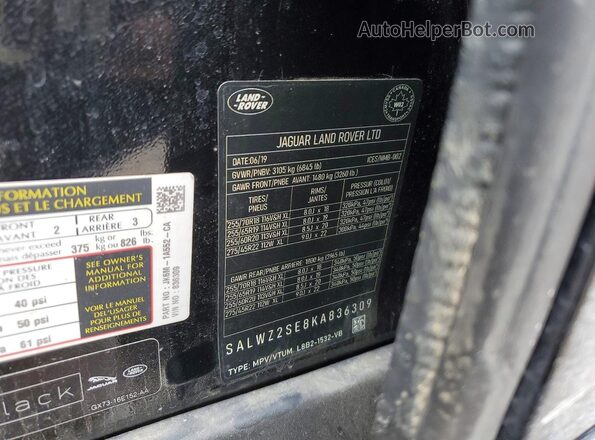 SALWZ2SE8KA836309 2019 LAND ROVER RANGE Black Widok naklejki z numerem VIN