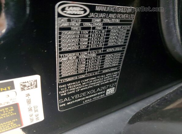 SALYB2EX0LA267127 2020 LAND ROVER RANGE Black Vista del compartimento del motor