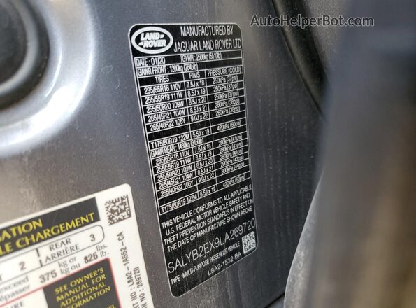 SALYB2EX9LA269720 2020 LAND ROVER RANGE Silver VIN կոդի պիտակի տեսք