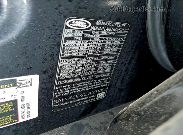 SALYK2EX0LA291024 2020 LAND ROVER RANGE Black VIN კოდის სტიკერის ხედი