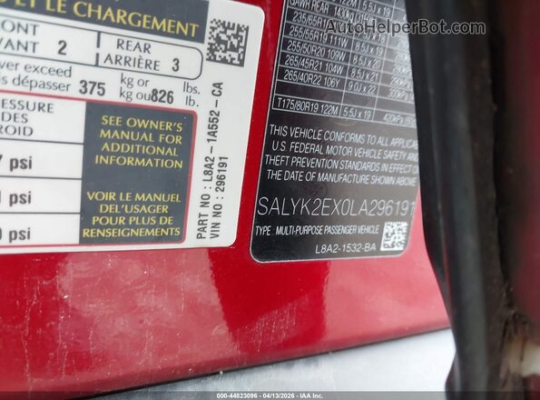 SALYK2EX0LA296191 2020 LAND ROVER RANGE ROVER VELAR Red Widok komory silnika