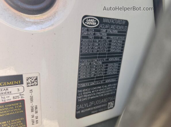 SALYL2FU0SA807964 2025 LAND ROVER RANGE White Вид наклейки з VIN-кодом