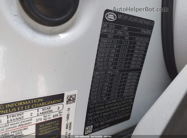 SALYM2EV5KA226340 2019 LAND ROVER RANGE ROVER VELAR White Widok komory silnika