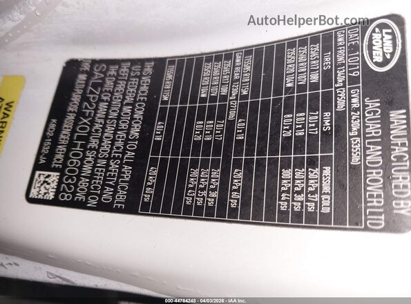 SALZP2FX0LH060328 2020 LAND ROVER RANGE ROVER EVOQUE White ძრავის განყოფილების ხედი