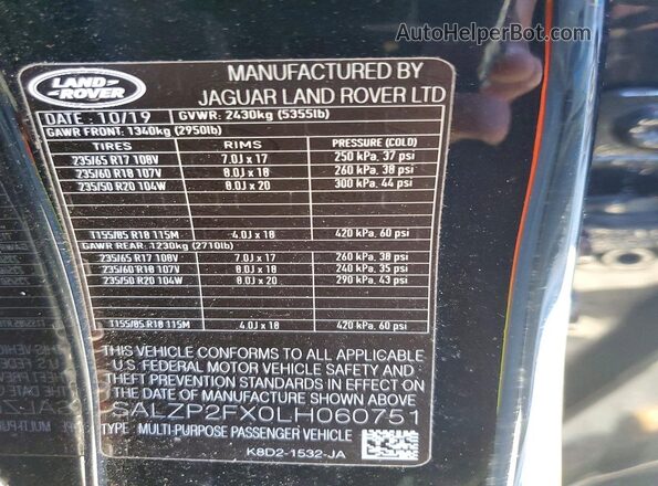 SALZP2FX0LH060751 2020 LAND ROVER RANGE Black Widok naklejki z numerem VIN
