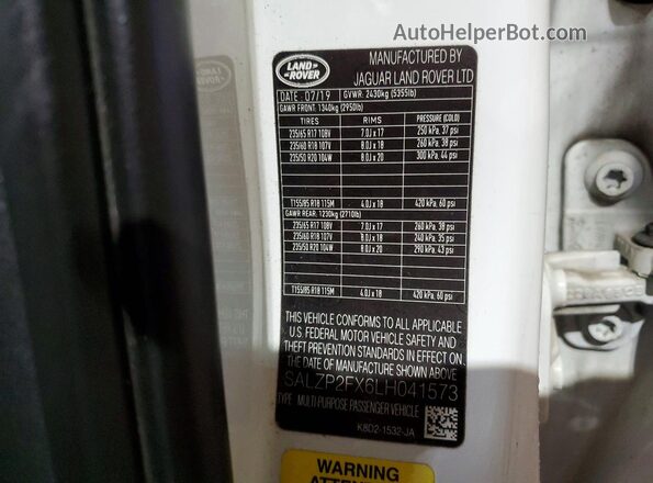 SALZP2FX6LH041573 2020 LAND ROVER RANGE White Вид наклейки з VIN-кодом
