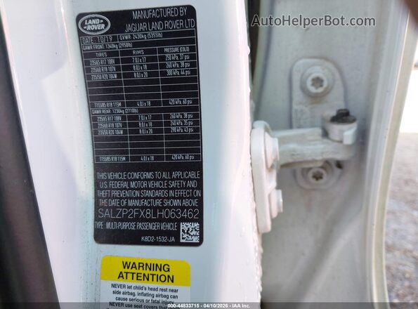 SALZP2FX8LH063462 2020 LAND ROVER RANGE ROVER EVOQUE White Widok komory silnika
