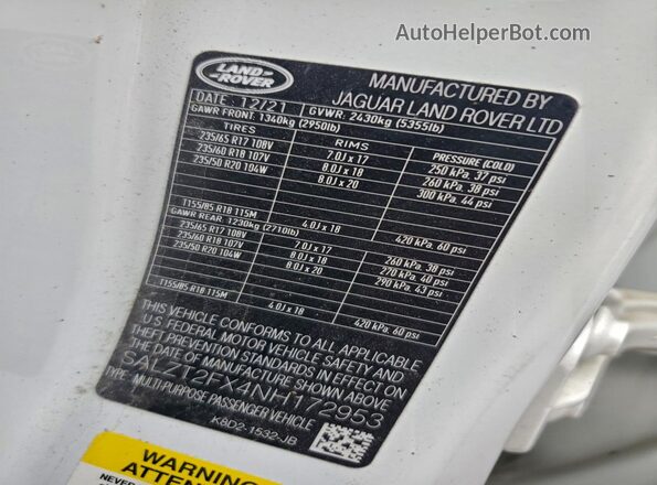 SALZT2FX4NH172953 2022 LAND ROVER RANGE White VIN կոդի պիտակի տեսք