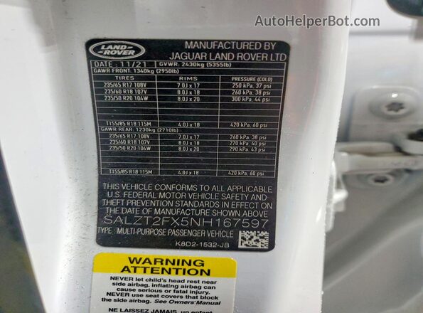 SALZT2FX5NH167597 2022 LAND ROVER RANGE White ძრავის განყოფილების ხედი