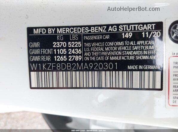 W1KZF8DB2MA920301 2021 MERCEDES-BENZ E-CLASS Белый Вид подкапотного пространства