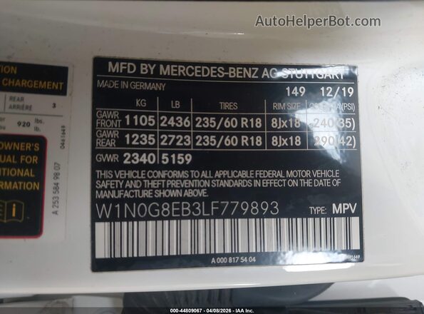 W1N0G8EB3LF779893 2020 MERCEDES-BENZ GLC 300 White Engine compartment view