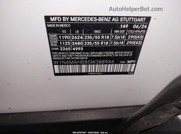 W1N4M4HB8SW388946 2025 MERCEDES-BENZ GLB-CLASS White Vista del compartimento del motor