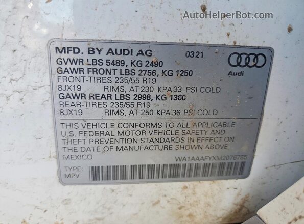 WA1AAAFYXM2076785 2021 AUDI Q5 White Widok naklejki z numerem VIN